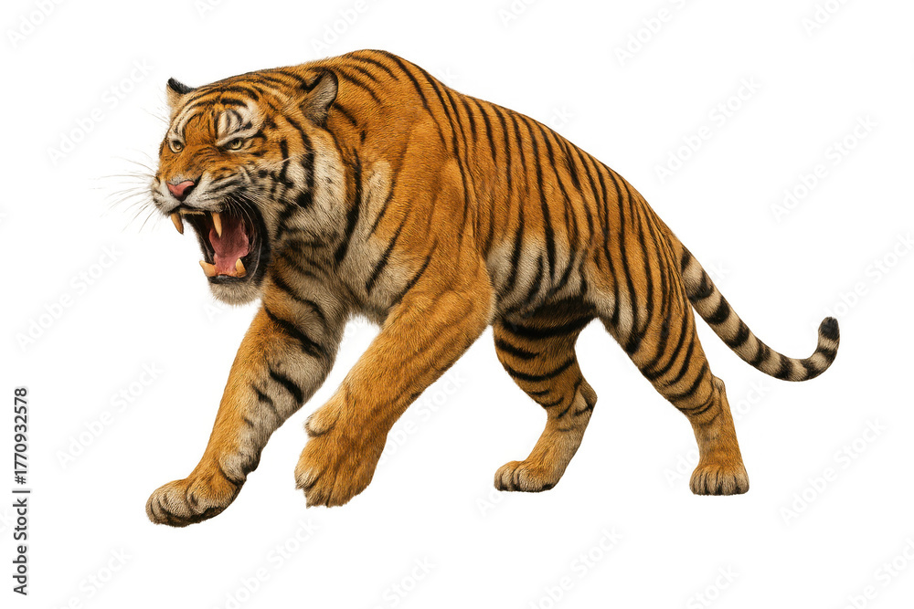 Obraz premium Tiger roaring aggressively, powerful big cat predator showing teeth and fangs, wildlife animal on transparent background