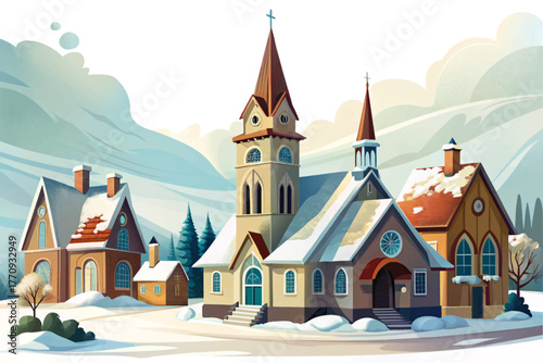 Historic church surrounded by snow covered houses in peaceful winter morning