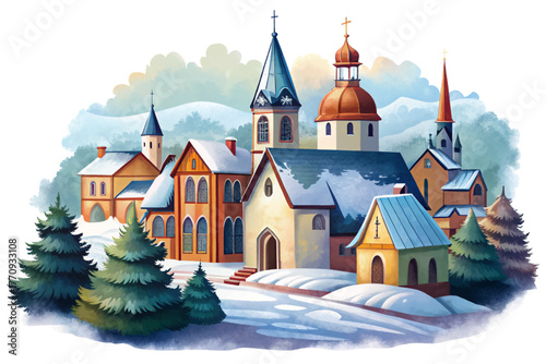 Historic church surrounded by snow covered houses in peaceful winter morning
