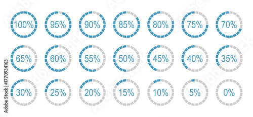 Percentage infographics simple elements. Round diagrams icons for infographics from 0 to 100 percent. Colour fill divided pie charts indicators in blue, grey. Mockup of circle graph loading progress.