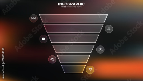 Funnel chart template with 6 sections.Liquid glass diagram divided into six parts with technology icons and place for your text content. UI UX Design marketing. Orange Futuristic glassmorphism