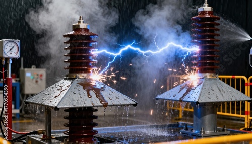 Medium shot of insulators undergoing flashover testing in a controlled wet environment to assess performance under heavy moisture conditions.