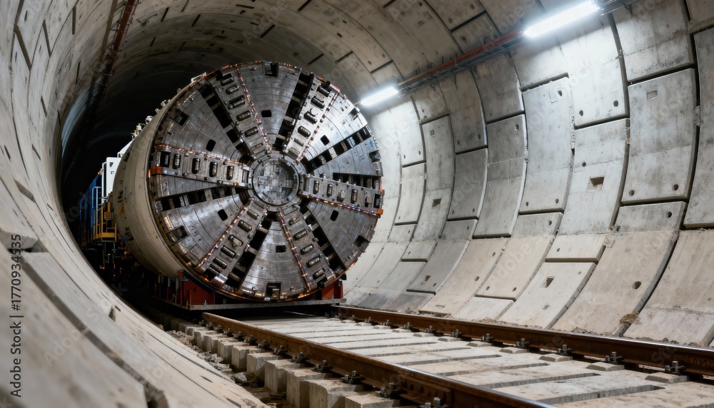 Obraz premium Side view of a tunnel boring machine advancing inside a reinforced tunnel lining emphasizing engineering precision and steady progress in an urban underground project.