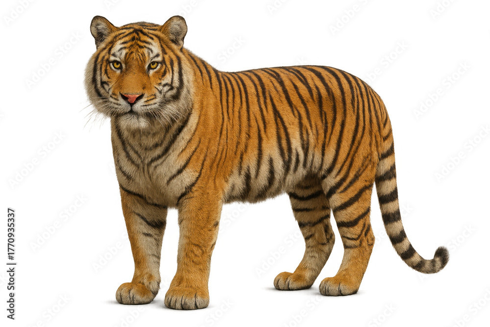 Fototapeta premium Tiger standing, powerful feline predator with striped fur looking forward, transparent background cutout