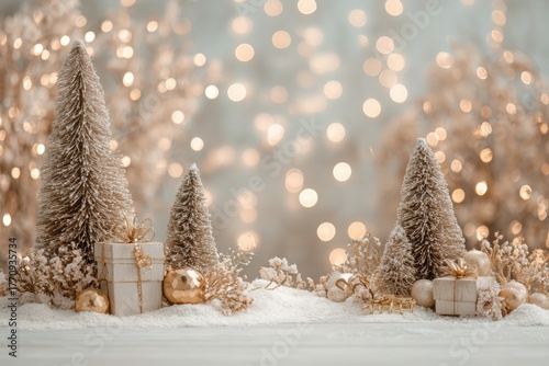 Light beige Christmas backdrop featuring snowy fir trees, golden ornaments, and soft bokeh lights, creating a warm and festive atmosphere for holiday celebrations