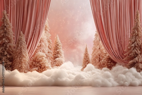 Elegant pink Christmas backdrop featuring soft velvet curtains, fluffy clouds, and frosted trees, creating a serene winter wonderland atmosphere for festive celebrations