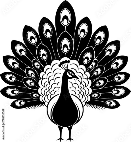 peacock - black and white isolated icon - vector illustration

