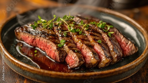 Premium sliced beef steak with umami profile herbs garnish on ceramic plate showcasing perfect medium-rare texture in upscale restaurant setting