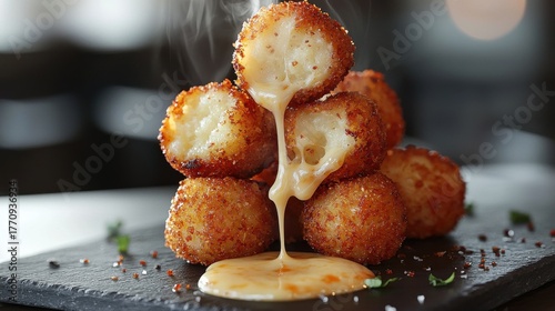 Golden crispy tater tots with melted cheese sauce dripping down pyramid stack on dark slate board professional food photography appetizer snack