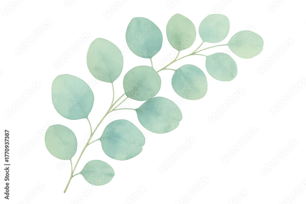 Obraz premium Eucalyptus watercolor branch with round green-blue leaves, delicate botanical illustration element on transparent background