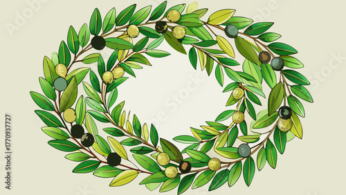 Very beautiful olive wreath made of delicate branches with green leaves, arranged in a circular decorative shape, symbolizing peace, nature, and elegance, perfect for botanical or Mediterranean design