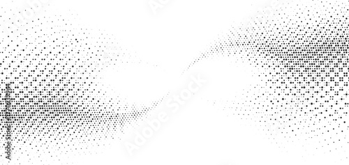 Black halftone twin wave abstract background, dotted curved pattern forming smooth gradient motion, modern minimal texture for poster, banner, wallpaper, or digital art layout