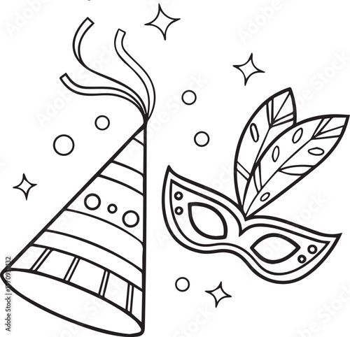 Carnival masks and party hat silhouettes vector, mask with feather, venetian style, masquerade with hat, 