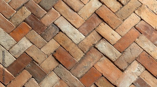 Handmade terracotta texture herringbone brick pattern weathered clay surface artisanal craftsmanship warm earth tones natural building material background