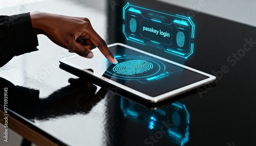 Person using a fingerprint for passkey login on a digital tablet. Futuristic biometric authentication for cybersecurity and data protection