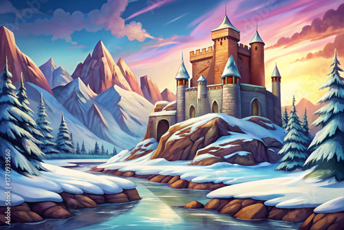 Majestic stone castle overlooking frozen river under pale winter sky