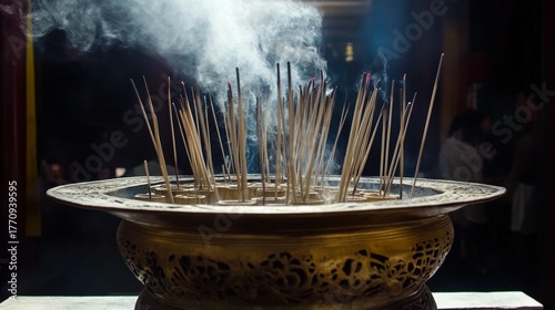 Golden censer filled with numerous burning incense sticks emitting swirling smoke in a dimly lit
