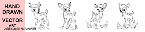 Cute baby deer hand drawn vector illustration, adorable woodland animal art, black and white fawn outline drawing for coloring book, nursery design, forest wildlife sketch