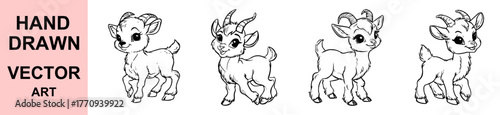 Cute baby goat hand drawn vector illustration, adorable cartoon farm animal art, black and white outline kid goat drawing for coloring book, nursery design, sticker print