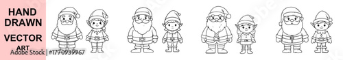 Hand drawn Santa Claus and Christmas elf vector illustration, cute holiday character set, black and white outline festive drawing, cartoon winter art for coloring book design