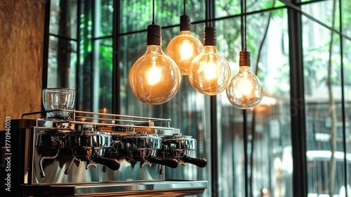 Close-up of a modern espresso machine with warm vintage Edison bulb lighting in a stylish cafe