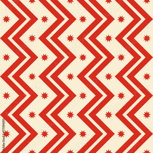 Seamless pattern of red zigzag with star on beige background. Abstract geometric repeat design wallpaper. 
Surface fabric print. 