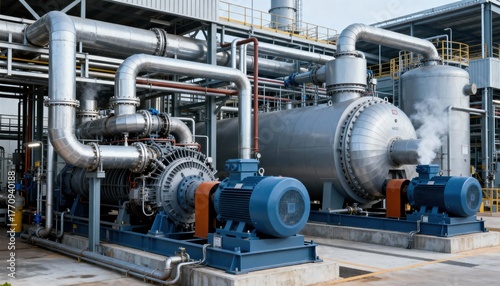 Medium shot of cogeneration plant integrating heat recovery technology to simultaneously produce electricity and thermal energy