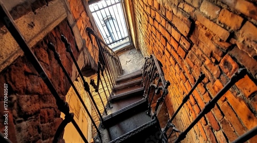 Ancient brick-walled stairway with ornate metal railings leading upwards towards a barred window