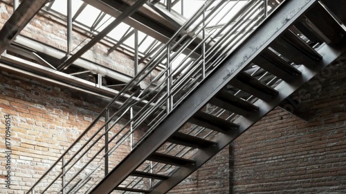 Modern industrial metal staircase with brick wall and bright ceiling structure architecture