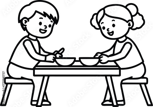 Minimal clean solid black line art illustration of a boy and a girl working together at a table, simple teamwork and education concept in modern outline vector style with smooth geometric strokes