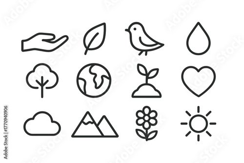 Save Nature Icons. Save nature. Line outline icon set of save nature: hand, leaf, bird, water droplet, tree,