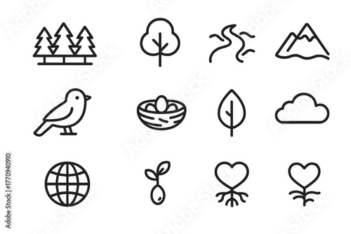 Habitat Preservation Icons. Habitat preservation. Line outline icon set of habitat preservation: forest, tree,