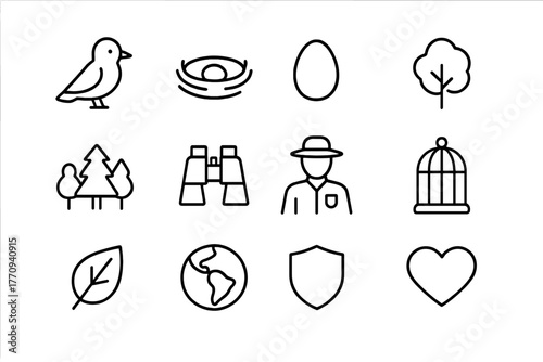 Bird Conservation Icons. Bird conservation. Line outline icon set of bird conservation: bird, nest, egg, tree,