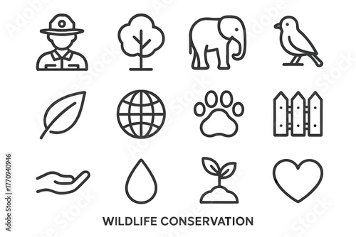 Wildlife Conservation Icons. Wildlife conservation. Line outline icon set of wildlife conservation: ranger,