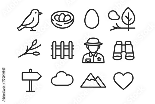 Bird Sanctuary Icons. Bird sanctuary. Line outline icon set of bird sanctuary: bird, nest, egg, tree, branch,