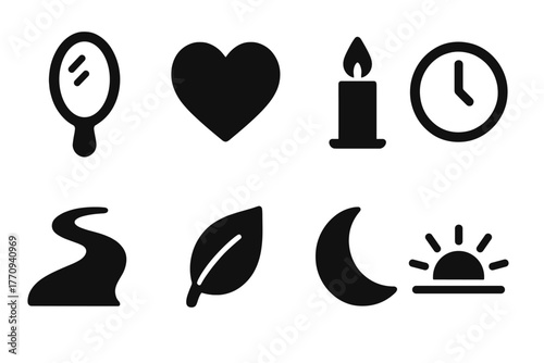 Reflection Healing Icons. Reflection and healing. Filled icon set of reflection and healing: mirror, heart,