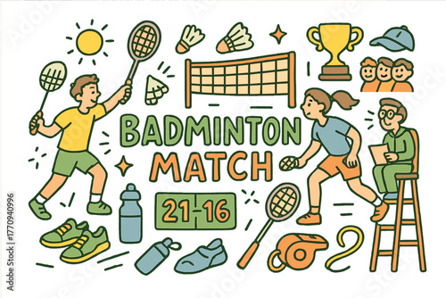 Badminton Match Illustration. Badminton Match. Hand-drawn doodle illustration of badminton match. Players,