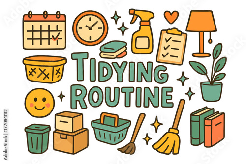 Cheerful Tidying Doodles. Tidying Routine. Hand-drawn doodle illustration of tidying routine. Calendar, clock,