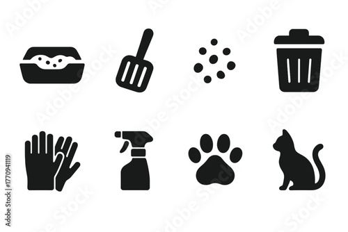 Cat Care Icons. Cat litter care. Filled icon set of cat litter care: litter box, scoop, sand grains, trash bin