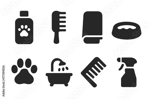 Pet Hygiene Icons. Pet hygiene. Filled icon set of pet hygiene: shampoo bottle, brush, towel, water bowl, paw,