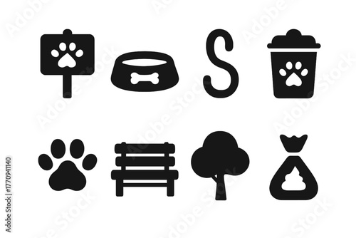 Pet-Friendly Icons Set. Pet-friendly spaces. Filled icon set of pet-friendly spaces: park sign, water bowl,