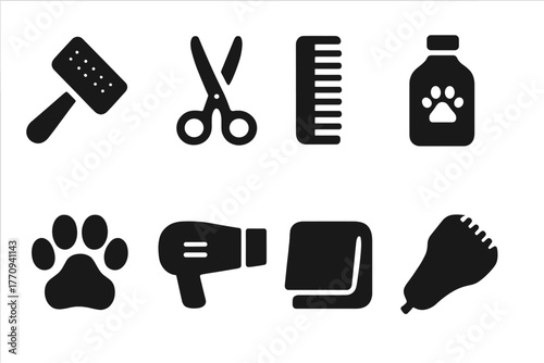 Pet Grooming Icons. Pet grooming. Filled icon set of pet grooming: brush, scissors, comb, shampoo bottle, paw,