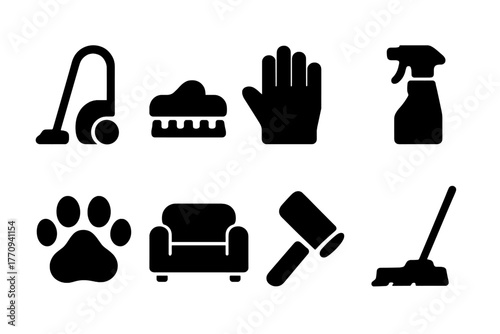 Pet-Friendly Cleaning Icons. Home cleaning with pets. Filled icon set of home cleaning with pets: vacuum,