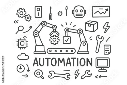 Automation Doodle Art. Automation. Hand-drawn doodle illustration of automation. In the middle, one slightly