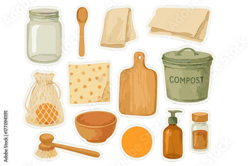 Plastic-Free Kitchen Stickers. Plastic-free kitchen. Realistic hand-painted watercolor style sticker sheet of