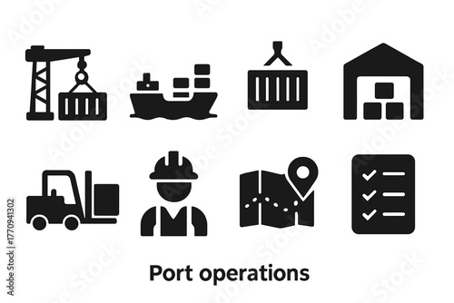 Port Operations Icons. Port operations. Filled icon set of port operations: cargo crane, ship, container,