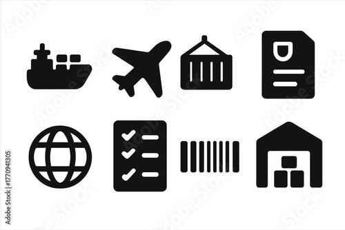 Import-Export Icons. Import-export procedures. Filled icon set of import-export procedures: cargo ship,
