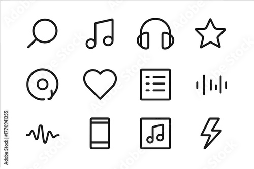 Music Icon Grid. Music discovery. Line outline icon set of music discovery: magnifier, note, headphones, star,