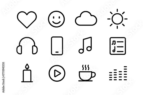 Mood Playlist Icons. Mood playlist. Line outline icon set of mood playlist: heart, smile, cloud, sun,