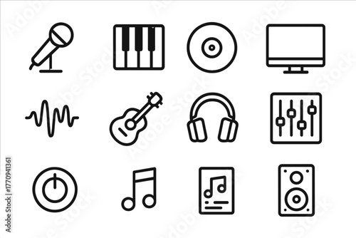 Music Creation Icons. Music creation. Line outline icon set of music creation: microphone, piano keys, record,